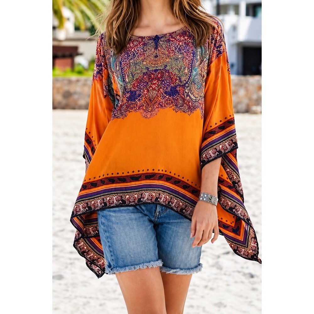 Sundance Womens Orange Paisley Poncho Top Oversized Boho Festival Hippie O/S